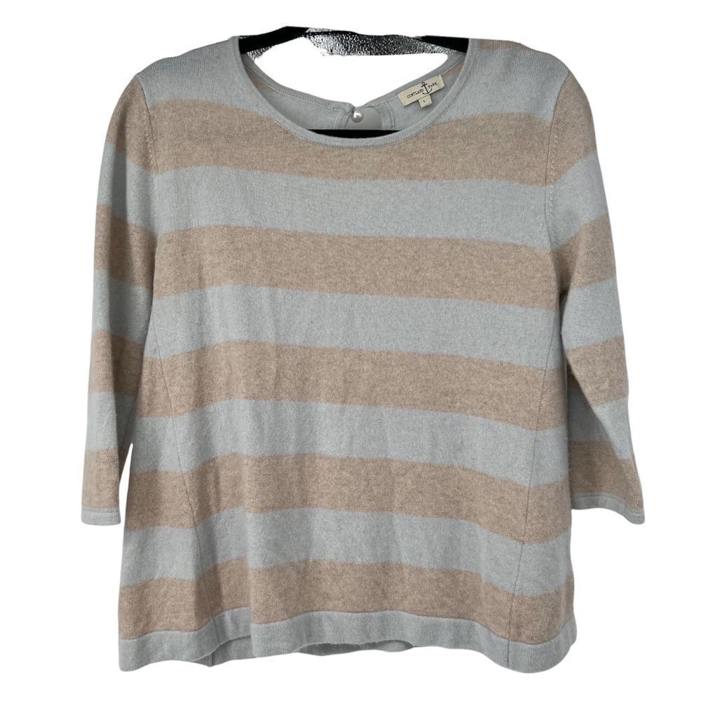 Cortland Park Light Blue Tan 100%‎ Cashmere Sweater Pearl button closure